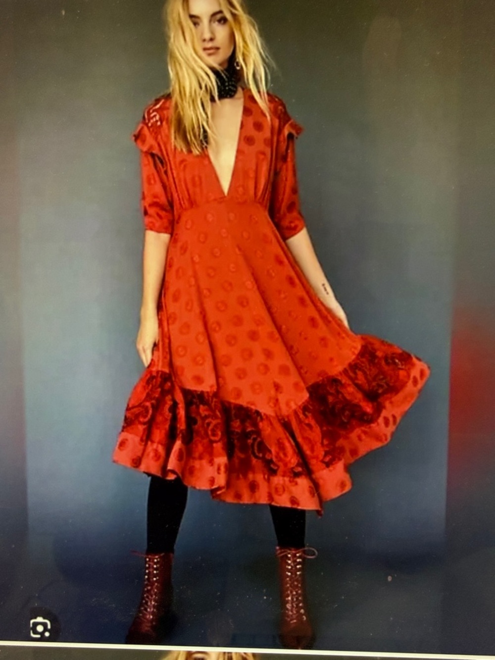 Free People Terracotta Red Jacquard Lace Stevie Midi Dress Puff Sleeve
